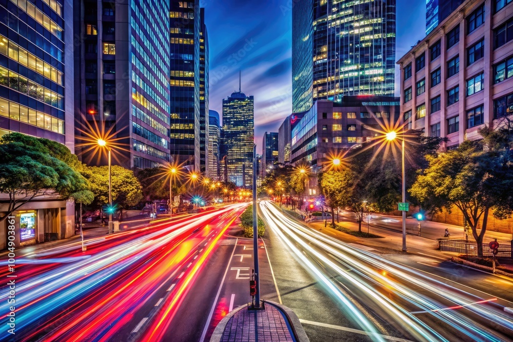 Obraz premium Vibrant Car Lights Illuminating the Night in a Dynamic Urban Environment with Motion Effects