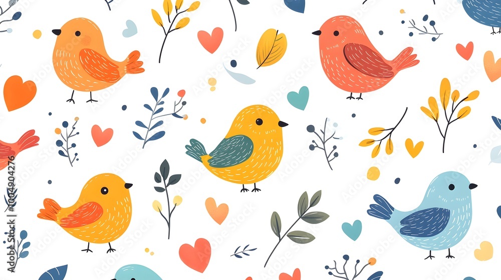 Fototapeta premium Overhead shot of cheerful cartoon birds, hearts, and leaves, vibrant colors on a minimalist white background, playful and lighthearted