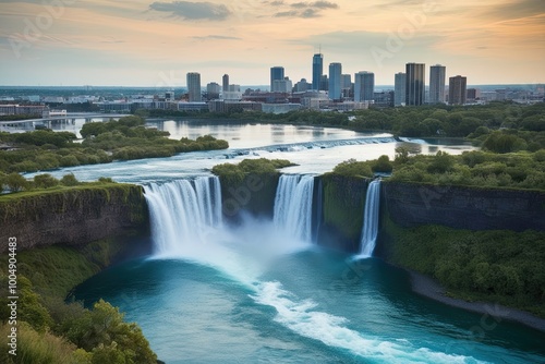 Waterfall Scenery with City Panorama and Sustainable Environment