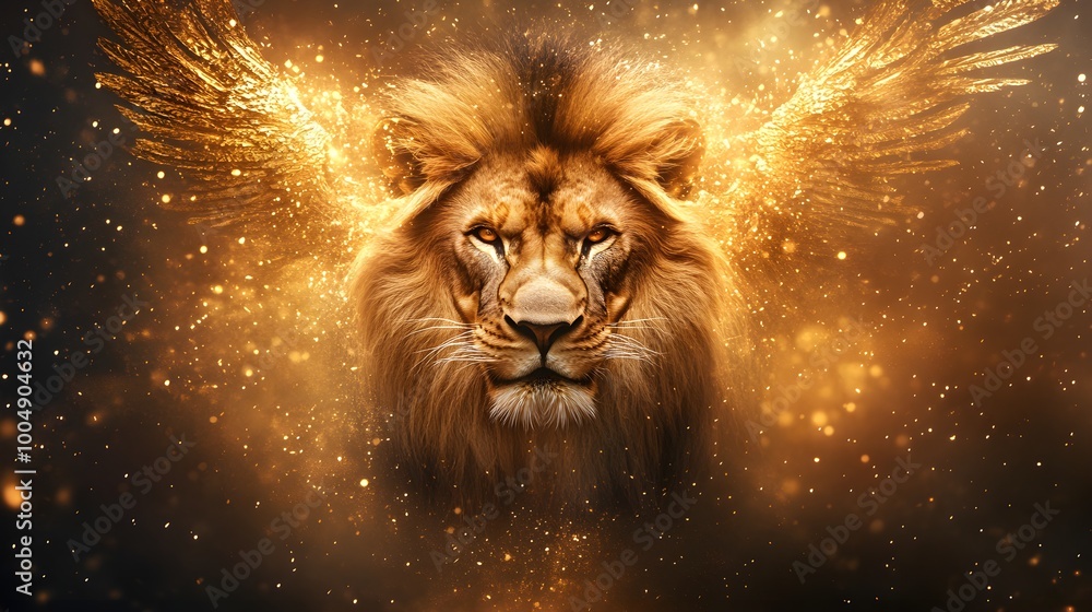 Overhead View Of A Majestic Lion With Detailed Eagle Wings Golden Fur Overhead View Of A Majestic Lion With Detailed Eagle Wings Golden Fur