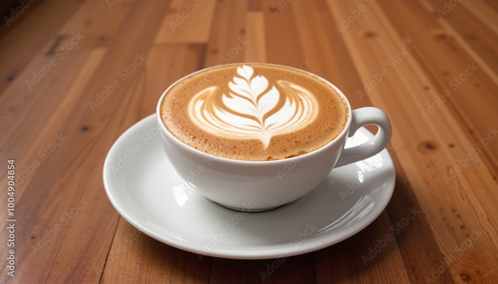 Latte art coffee with leaf design in white cup on wooden table Latte art coffee with leaf design in white cup on wooden table