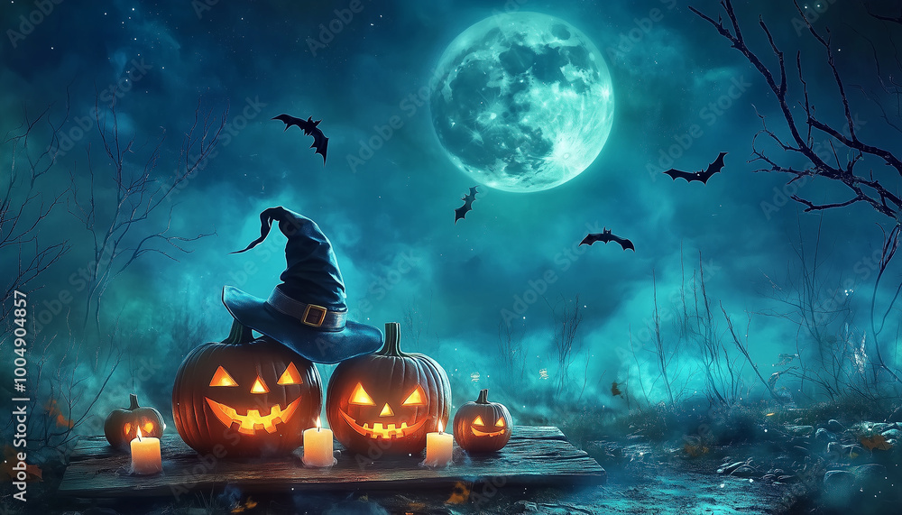 Vector background with a wooden sign decorated with candles and glowing pumpkins, wearing a witch's hat for Halloween. Night scene includes dark blue sky, full moon, silhouettes of bare trees, clouds 