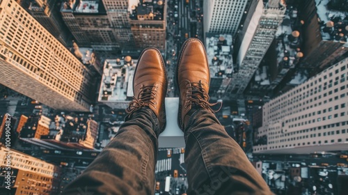 A high aerial view from a ledge, showing a bustling city below from the perspective of brown boots