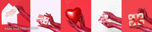 Collage of hands covered with glitter holding balloon, gifts and greeting card for Valentines Day on light and red backgrounds