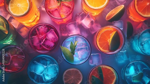 Overhead view of assorted cocktails with ice cubes, fresh garnishes, bright neon lights reflecting off bar, energetic party vibe