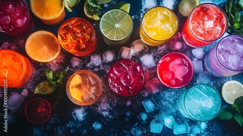 Overhead view of assorted cocktails with ice cubes, fresh garnishes, bright neon lights reflecting off bar, energetic party vibe