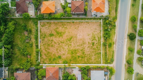 Aerial view of an empty plot of land surrounded by residential houses on a sunny day