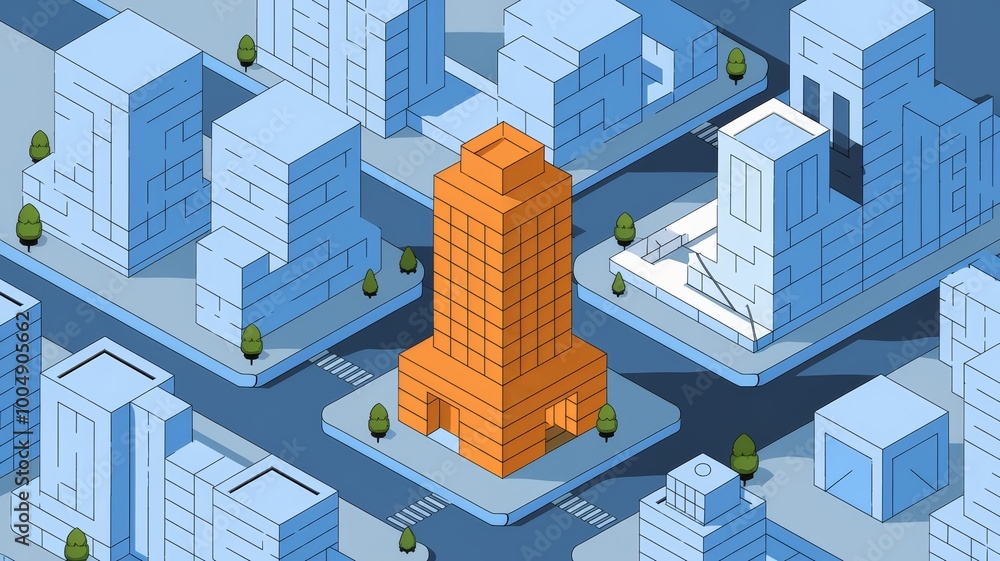Vertical isometric blue city illustration with orange building in the center which stand out from the rest of the modern city Vertical isometric blue city illustration with orange building in the center which stand out from the rest of the modern city