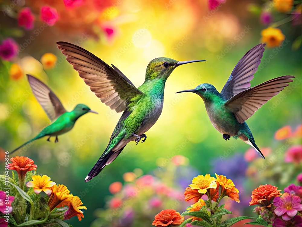 Fototapeta premium Vibrant Green Hummingbirds Hovering Near Colorful Flowers in a Lush Tropical Garden Setting