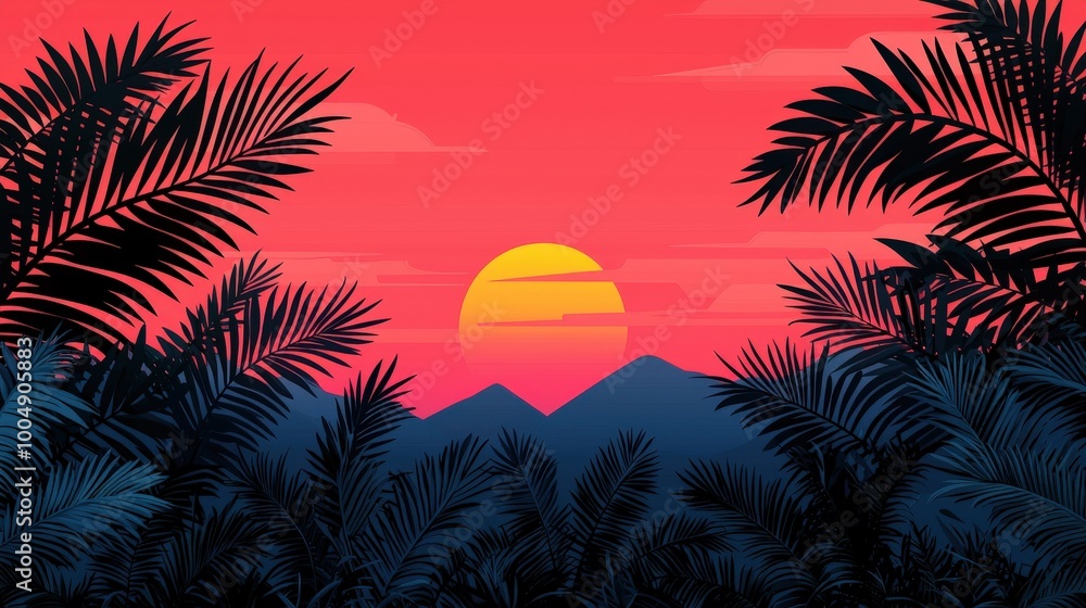 Tropical Sunset Landscape with Palm Trees and Mountains Tropical Sunset Landscape with Palm Trees and Mountains