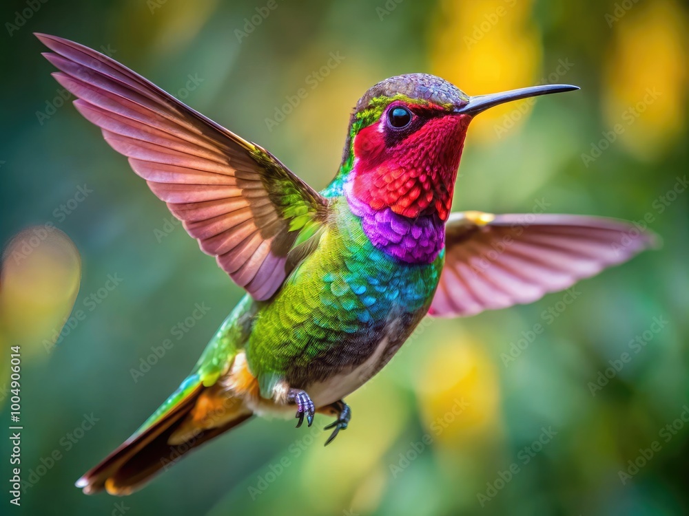 Fototapeta premium Vibrant Hummingbird in Flight Capturing Nature's Beauty with Colorful Feathers and Graceful Motion
