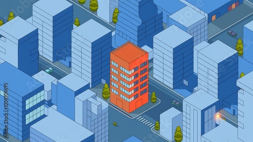 Vertical isometric blue city illustration with orange building in the center which stand out from the rest of the modern city