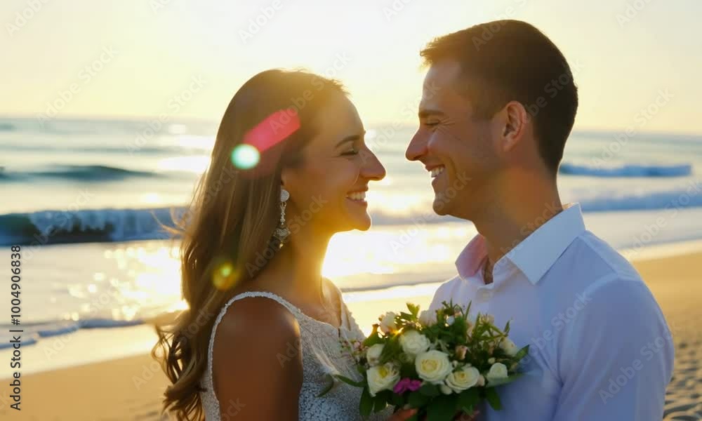 Happy Couple Holding Hands on Beach at Dawn Happy Couple Holding Hands on Beach at Dawn