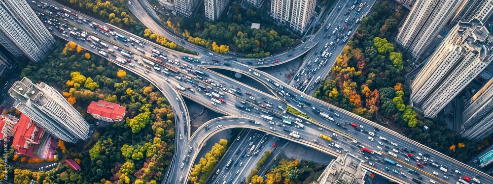 Busy urban intersection view from above showcases traffic flow and city development during fall in a metropolitan area Busy urban intersection view from above showcases traffic flow and city development during fall in a metropolitan area