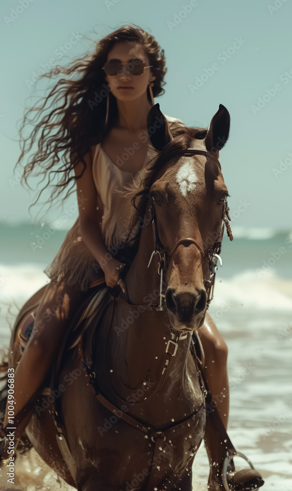 beautiful woman riding horse at sunset on beach, enjoying breeze and freedom of nature, peaceful and adventurous moment on person vacation beautiful woman riding horse at sunset on beach, enjoying breeze and freedom of nature, peaceful and adventurous moment on person vacation