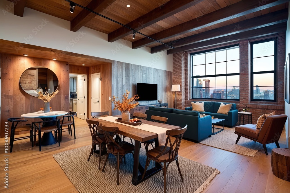 Innovative Loft Design with Cozy Dining Nook and Expansive Living Space Featuring Rustic Furniture and Warm Wall Decor Innovative Loft Design with Cozy Dining Nook and Expansive Living Space Featuring Rustic Furniture and Warm Wall Decor
