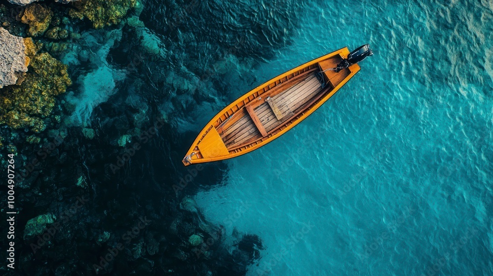 Aerial view of wooden boat on turquoise sea water. Top view Aerial view of wooden boat on turquoise sea water. Top view