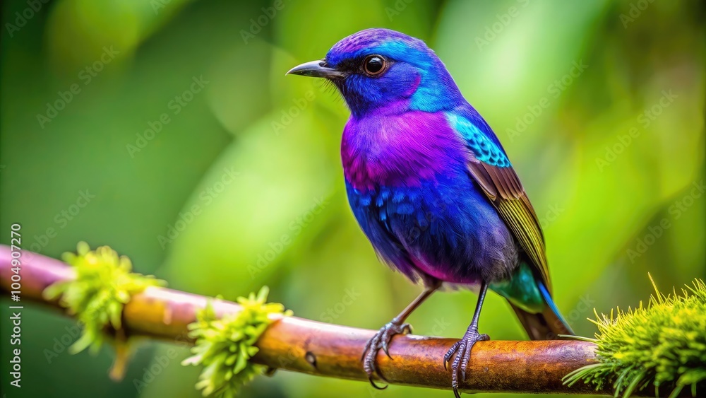 Vibrant Purple Bird Perched on Branch in Lush Green Environment, Nature's Colorful Beauty Captured Vibrant Purple Bird Perched on Branch in Lush Green Environment, Nature's Colorful Beauty Captured