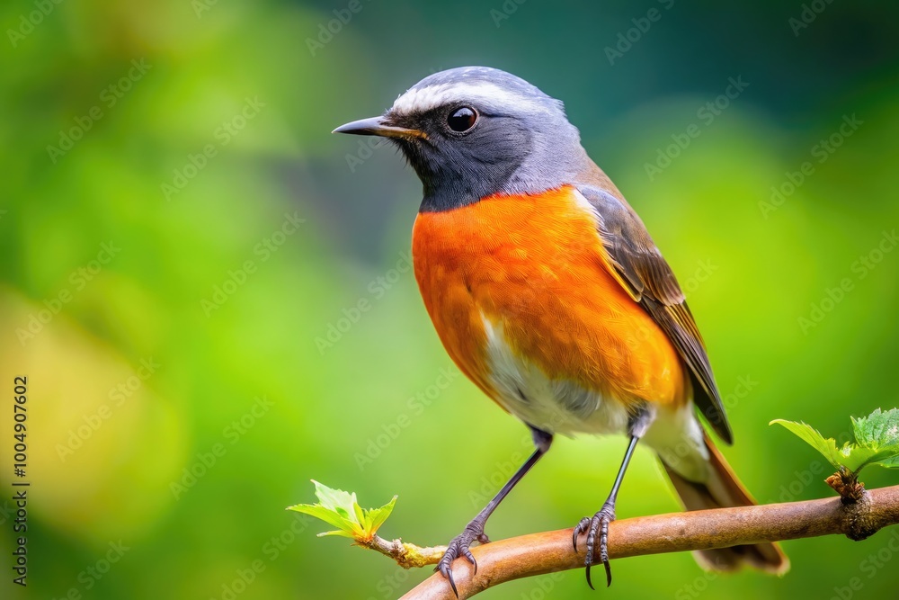 Vibrant Redstart Bird Perched on Branch Against a Soft Blurred Background in Natural Habitat Setting Vibrant Redstart Bird Perched on Branch Against a Soft Blurred Background in Natural Habitat Setting