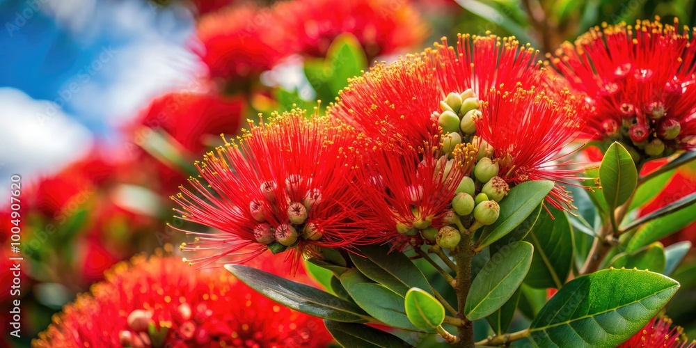Vibrant Red Pohutukawa Tree in Full Bloom Surrounded by Fresh White Buds in Natural Setting Vibrant Red Pohutukawa Tree in Full Bloom Surrounded by Fresh White Buds in Natural Setting