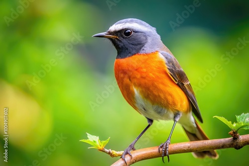 Vibrant Redstart Bird Perched on Branch Against a Soft Blurred Background in Natural Habitat Setting