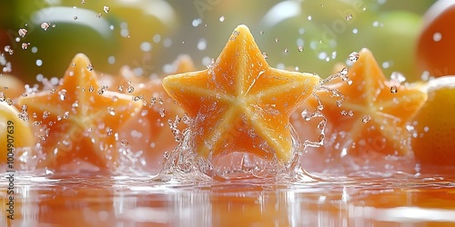 A starfruit slice splashes into a pool of water, creating a vibrant and refreshing scene.
