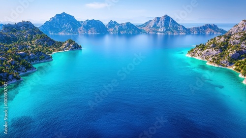 Aerial View of Turquoise Sea Surrounded by Rocky Mountains and Coastline