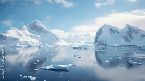 Icebergs in the ocean with mountains in the background photo