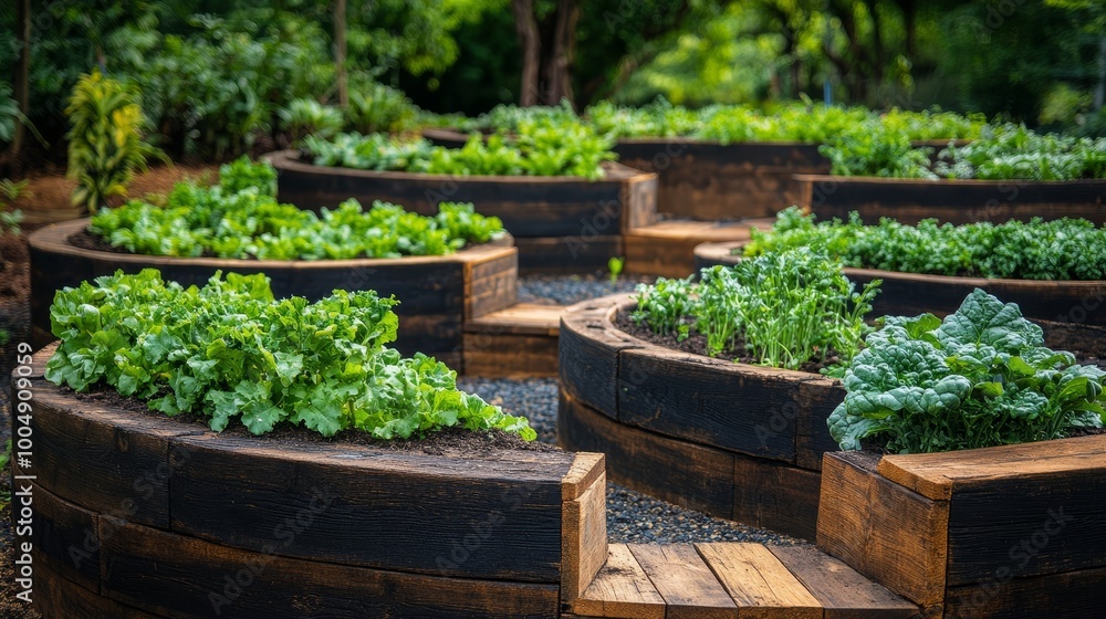 Circular raised vegetable beds in a radial layout, thriving plants creating a lush, organized garden design, set against a natural outdoor backdrop Circular raised vegetable beds in a radial layout, thriving plants creating a lush, organized garden design, set against a natural outdoor backdrop