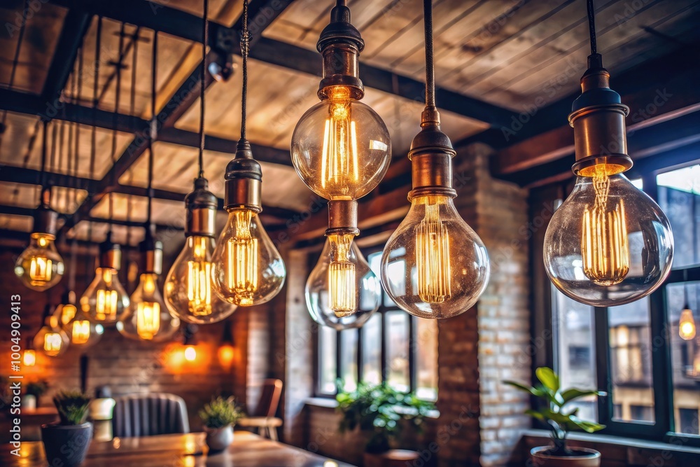 Obraz premium Vintage Hanging Lightbulbs in a Stylish Loft Interior Creating a Cozy and Inviting Atmosphere