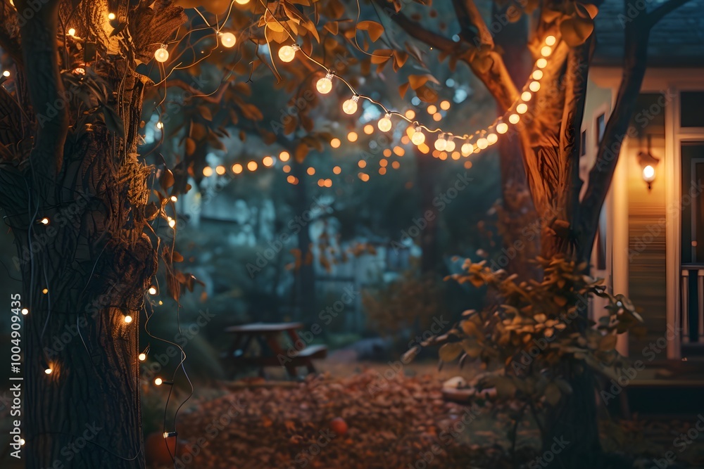 Obraz premium Cozy garden night vibes. Inviting outdoor area for party and gathering, beautifully decorated with warm lighting, candles, lush greenery. Mysteryous garden, autumn patio atmosphere