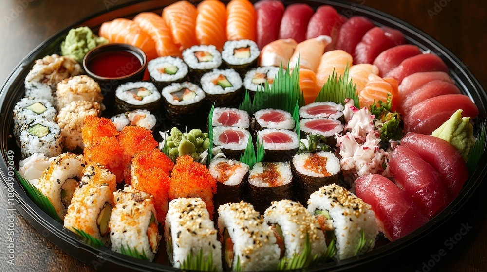 Circular sushi presentation with a variety of rolls and sashimi, neatly arranged with dipping sauces, fresh garnishes like ginger and wasabi on the side Circular sushi presentation with a variety of rolls and sashimi, neatly arranged with dipping sauces, fresh garnishes like ginger and wasabi on the side