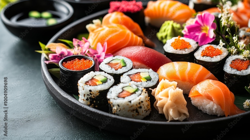 Circular sushi tray with intricate sushi rolls, fresh sashimi, dipping sauces in small ceramic bowls, surrounded by delicate garnishes like edible flowers Circular sushi tray with intricate sushi rolls, fresh sashimi, dipping sauces in small ceramic bowls, surrounded by delicate garnishes like edible flowers