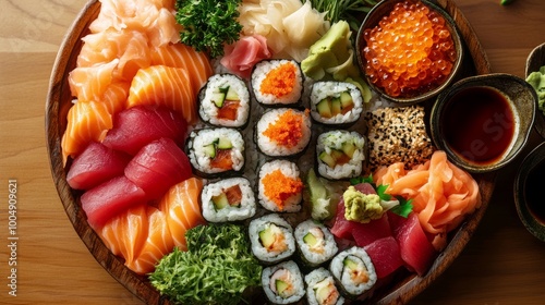 Circular sushi presentation with a variety of rolls and sashimi, neatly arranged with dipping sauces, fresh garnishes like ginger and wasabi on the side