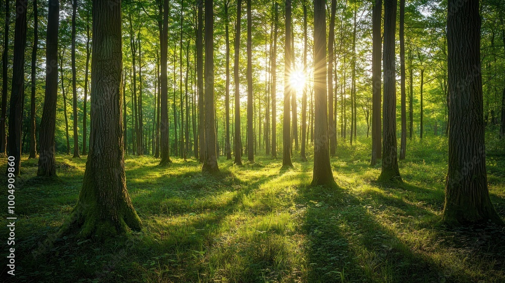Fototapeta premium Beautiful green forest with tall trees and sunlight filtering through