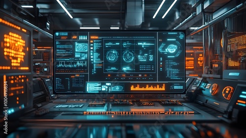 Digital dashboard displaying AI-powered food quality control metrics, floating holograms, vibrant neon, futuristic factory backdrop, 3D rendering, high-tech minimalism