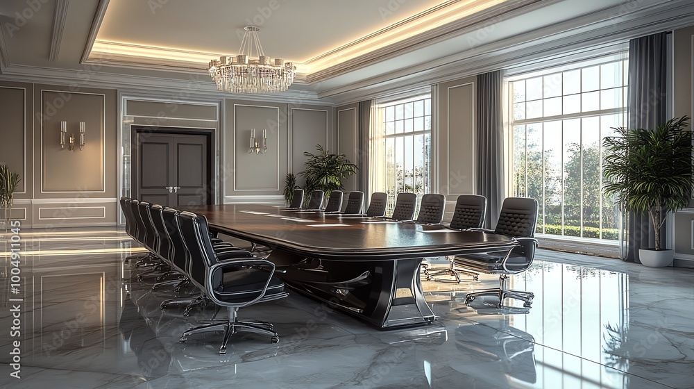 Fototapeta premium A large, elegant conference room with a long wooden table and black leather chairs.