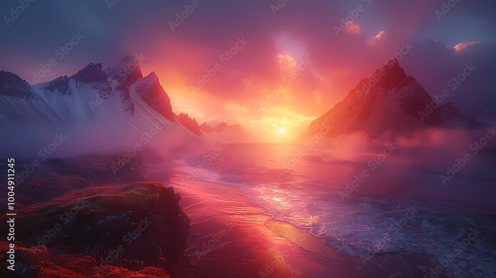 Stunning Icelandic scenery with striking light effects illuminating the dramatic landscape, in realistic HD Stunning Icelandic scenery with striking light effects illuminating the dramatic landscape, in realistic HD