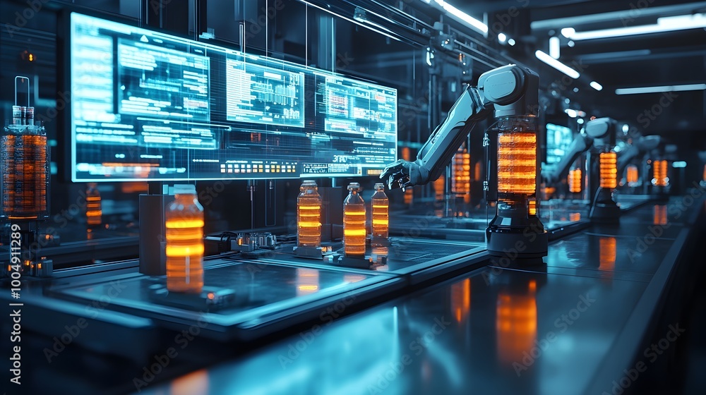 Factory robots scanning food packages with lasers, holographic displays showing real-time data, cyberpunk style, cool tones, 3D rendering, advanced automation Factory robots scanning food packages with lasers, holographic displays showing real-time data, cyberpunk style, cool tones, 3D rendering, advanced automation