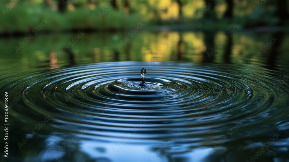 Droplet falling into a calm pond, creating expanding circular ripples, with soft reflections of trees and sky, nature's quiet beauty captured in motion Droplet falling into a calm pond, creating expanding circular ripples, with soft reflections of trees and sky, nature's quiet beauty captured in motion