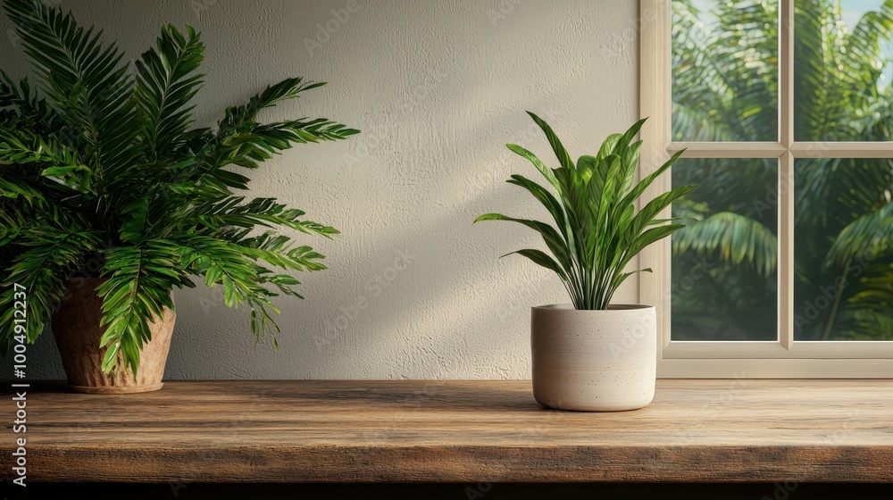 Fototapeta premium Rustic Wooden Tabletop with Plants and Window View