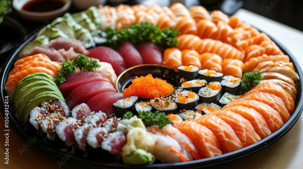Elegant sushi platter in a perfect circular layout, featuring colorful sushi rolls, sashimi slices, and soy sauce dishes, with decorative garnish Elegant sushi platter in a perfect circular layout, featuring colorful sushi rolls, sashimi slices, and soy sauce dishes, with decorative garnish
