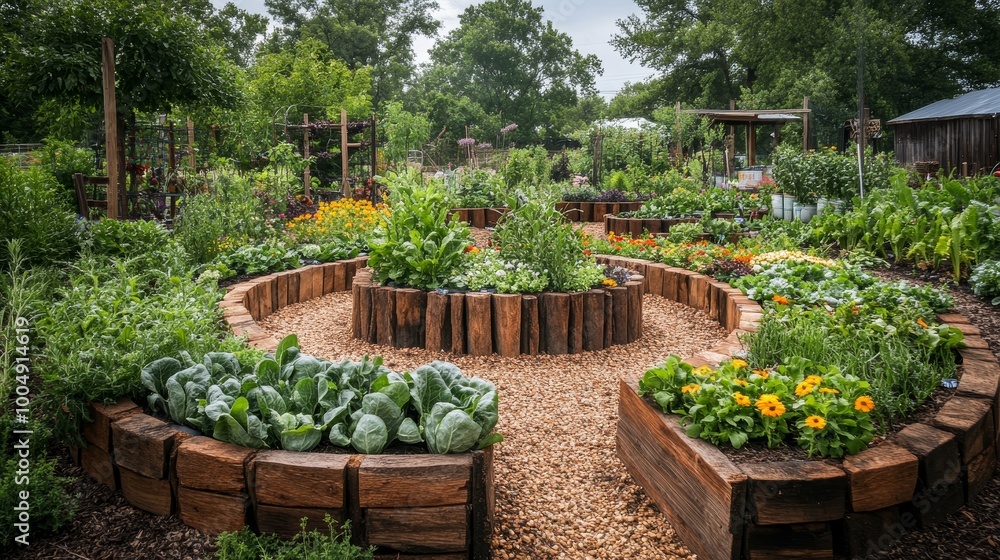 Circular arrangement of crops in a sustainable garden, with companion plants growing in harmony, natural irrigation and mulch visible, eco-friendly design Circular arrangement of crops in a sustainable garden, with companion plants growing in harmony, natural irrigation and mulch visible, eco-friendly design