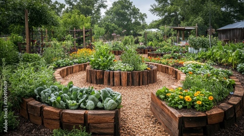 Circular arrangement of crops in a sustainable garden, with companion plants growing in harmony, natural irrigation and mulch visible, eco-friendly design