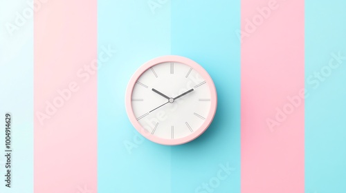 Pink clock on blue and pink striped background.