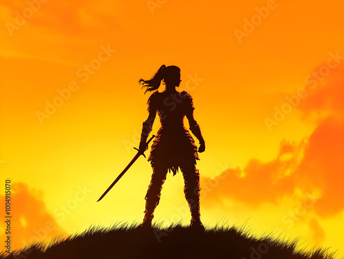A legendary female warrior, dressed in ornate armor and standing atop a hill, her sword raised high as she leads her soldiers into battle against a stunning sunset. Female warrior leading her soldiers