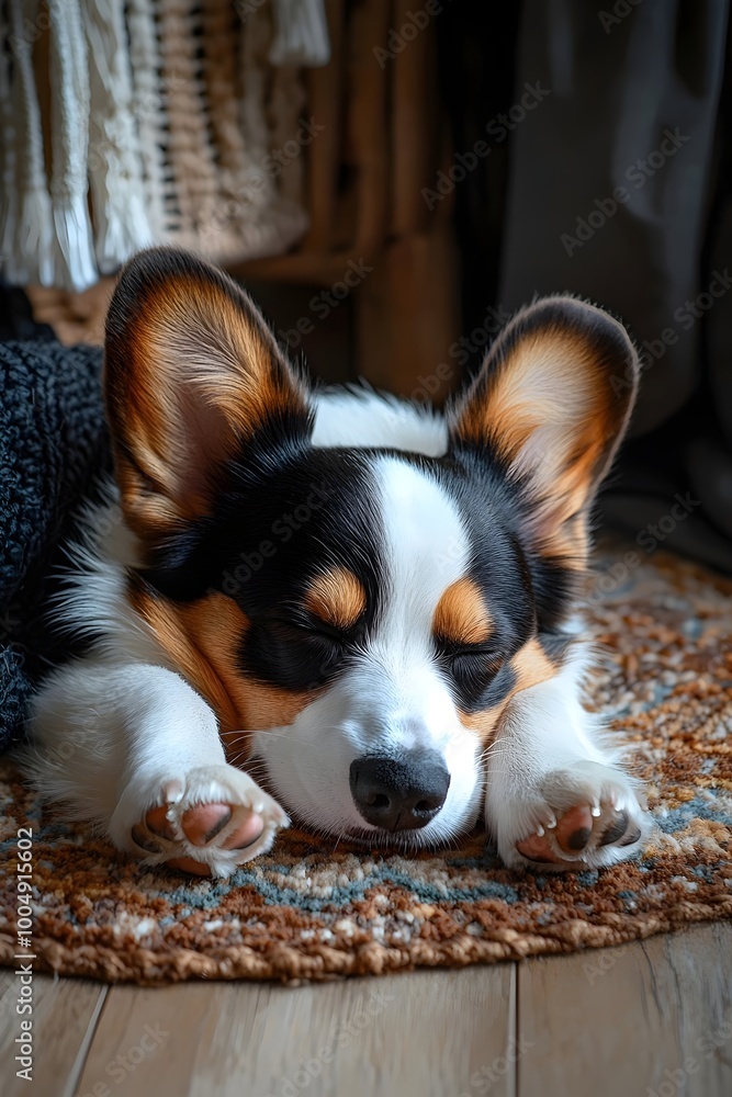 A small, black and white dog sleeps peacefully on a patterned rug with its paws curled under its chin. A small, black and white dog sleeps peacefully on a patterned rug with its paws curled under its chin.