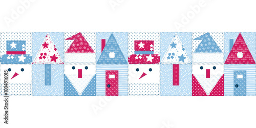 Decorative Christmas, New Year, Winter Holidays Seamless Banner. Patchwork Border with Snowman, Santa, Christmas tree, House. Abstract Geometric Mosaic Tape Pattern in Folk Style. Quilting pattern.