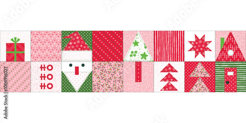 Christmas, New Year, Winter Holidays Seamless Vector Banner. Patchwork Border. Decorative Abstract Geometric Mosaic Tape Pattern in Folk Style. Quilting pattern.
