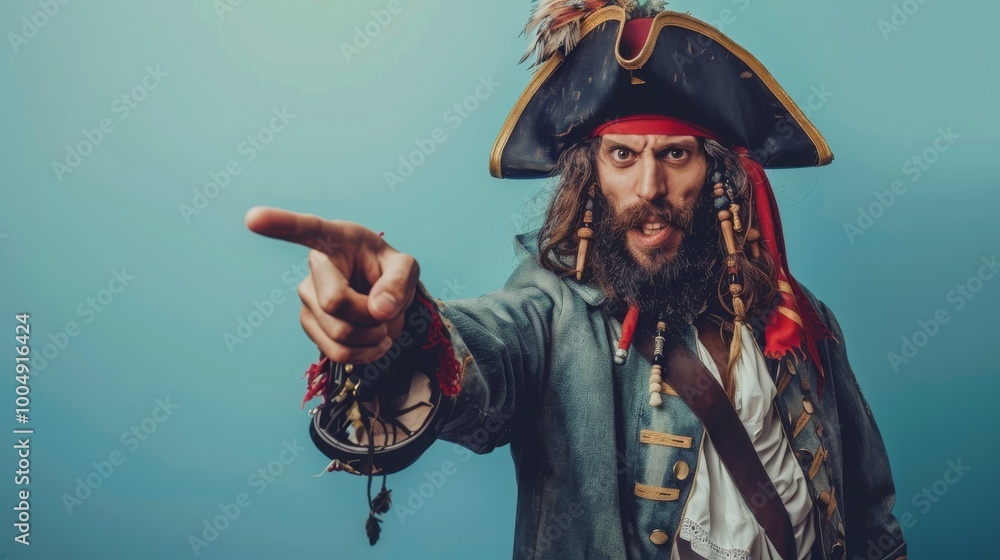 Obraz premium A fierce pirate in a black hat and red bandana points with a stern look on his face.